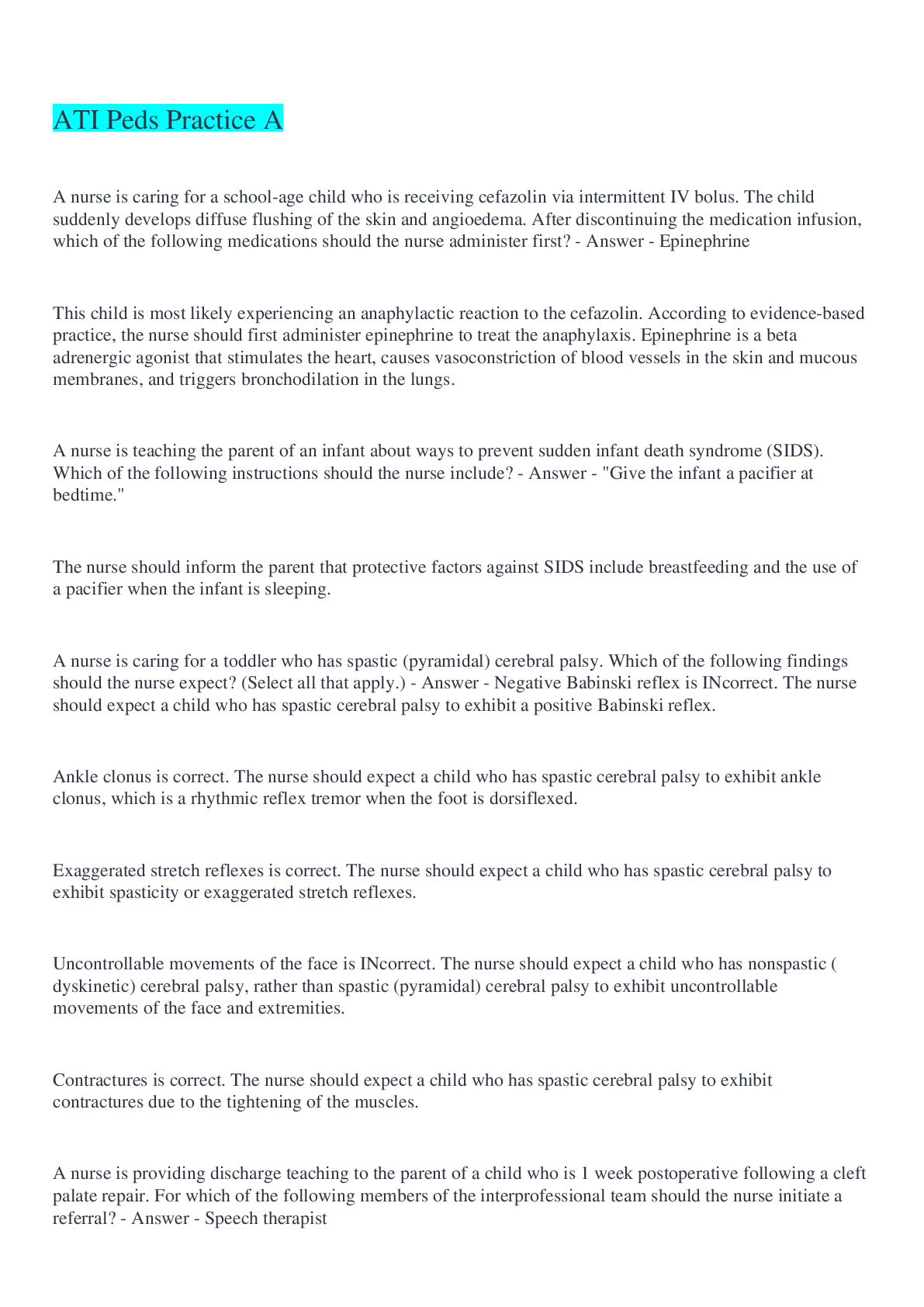 Preview image for ATI Peds Practice A Questions And Answers 2022/2023